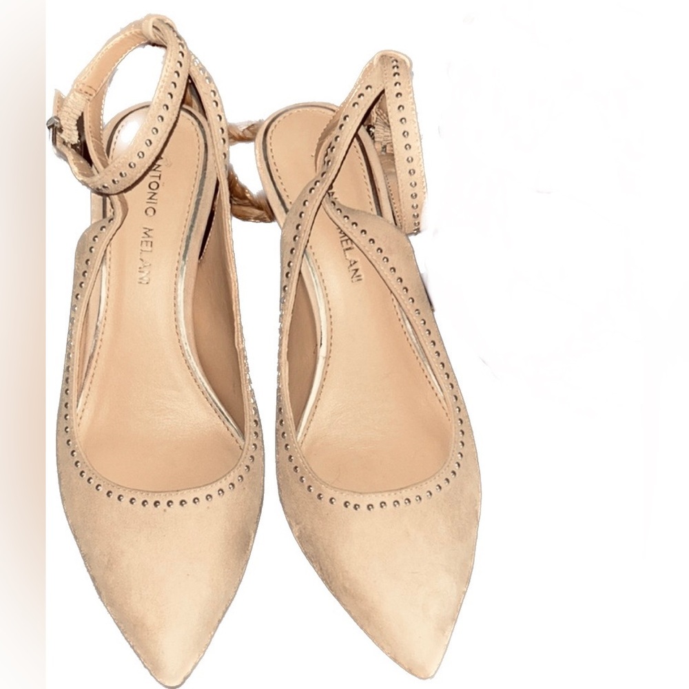 Antonio Melani Silver Studded Suede Ankle Wrap Pointed Toe Pump Heels 7.5